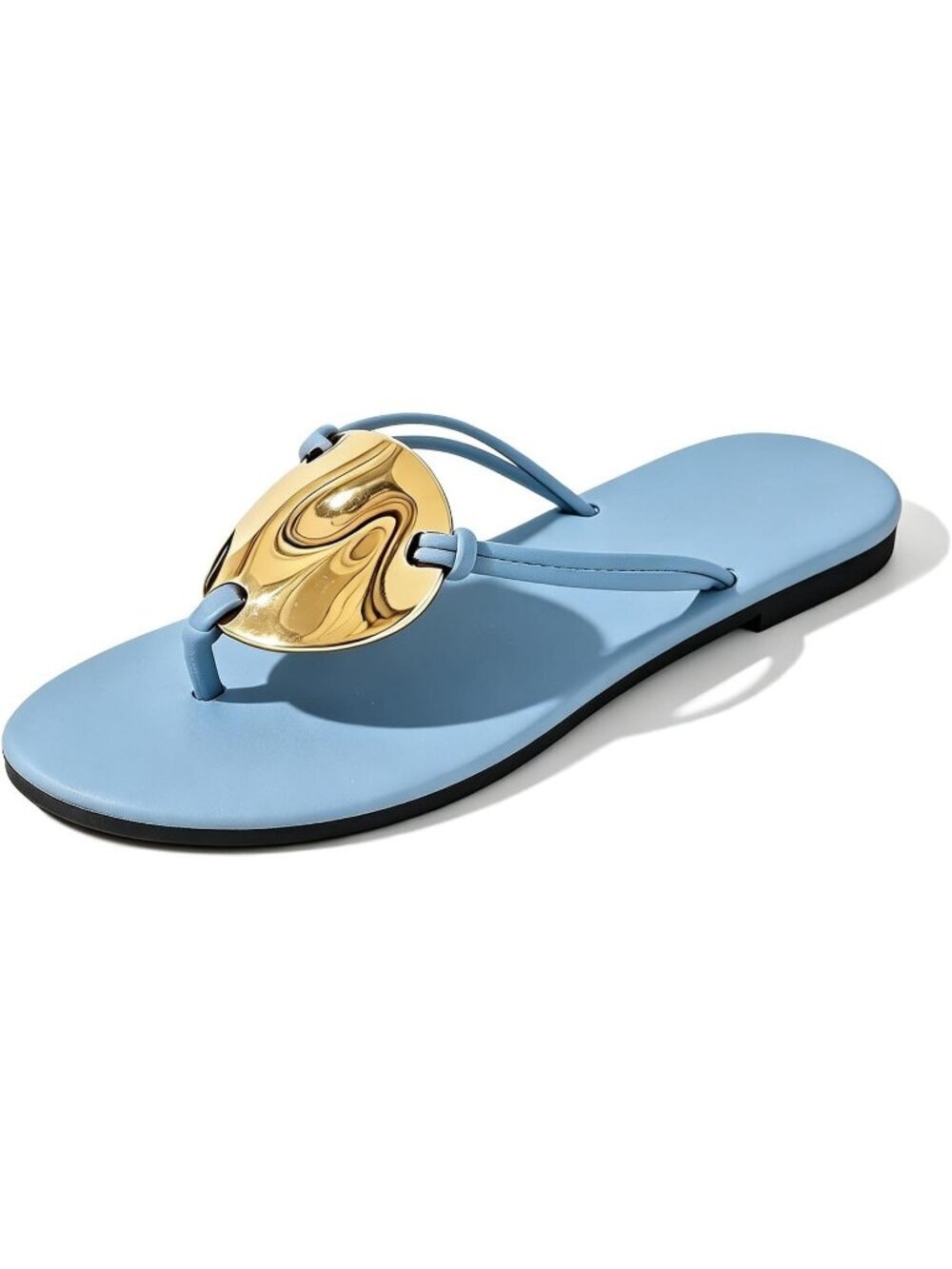 Women's Blue Leather Metal Flip Flop Thong Flat Slip on Soft Cushion Dress Shoes